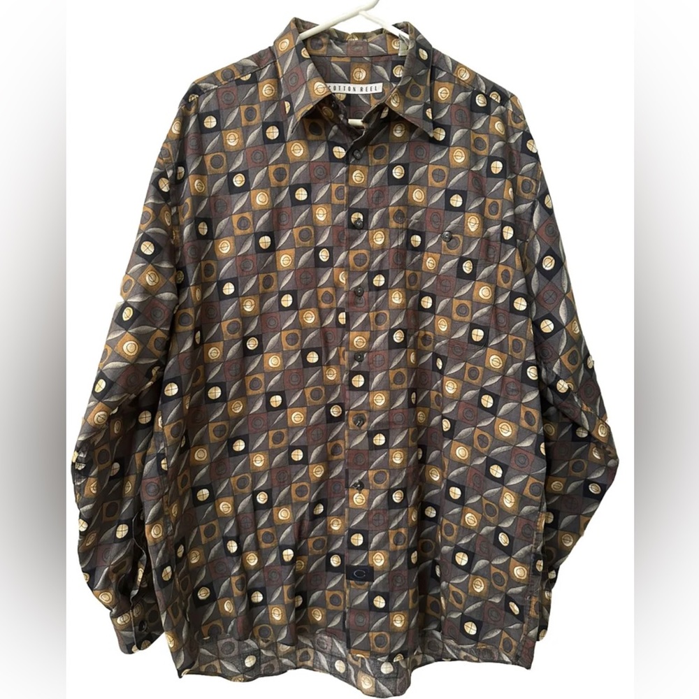 Vintage 90s Mens Large Geometric Cotton Reel Long Sleeve Button Down EUC Grey